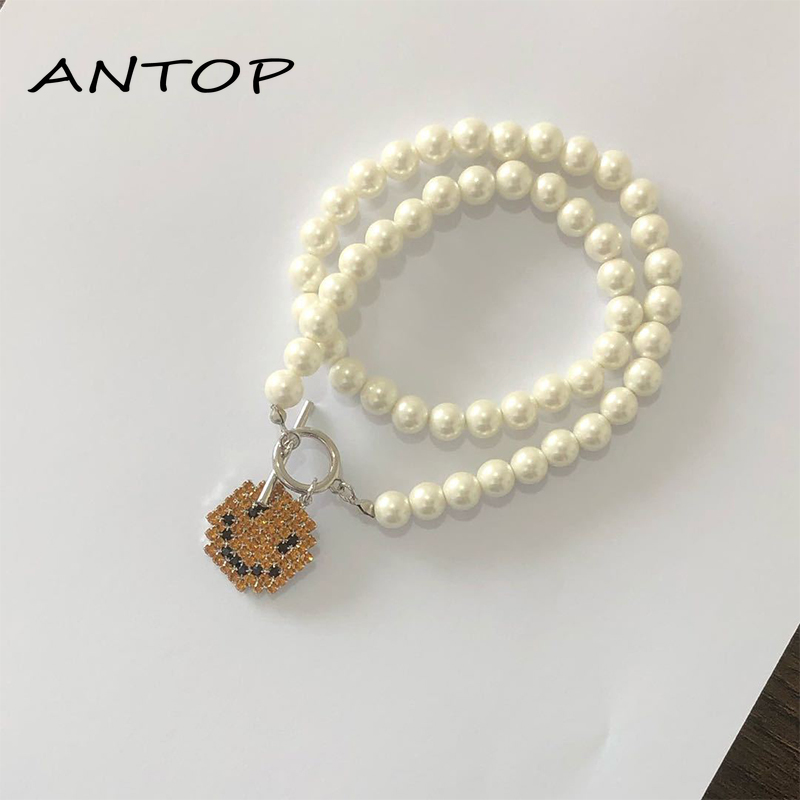 Kalung Mutiara Rantai Wanita Dengan Liontin Bentuk Smiley Gaya Retro Korea ANTOP