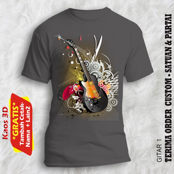 Kaos 3d Model unisex Pria Wanita Gambar Gitar kualitas cetak Gambar Asli