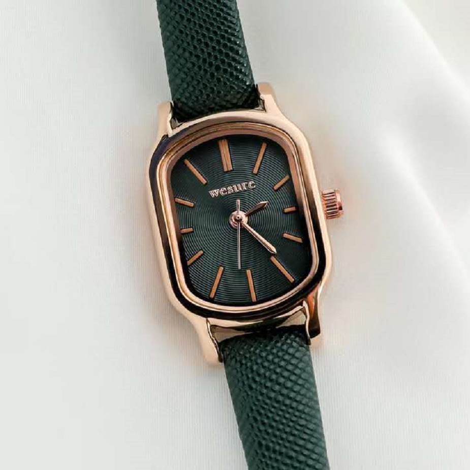 Jam Tangan Analog Wanita Kecil Strap PU Leather Dial Kotak Watch Korean Fashion Import-Hijau