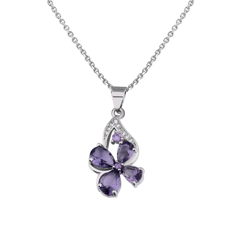 [Ready Stock]Fashion Plated S925 Silver Clover Amethyst Diamond-Studded Necklace Pendant