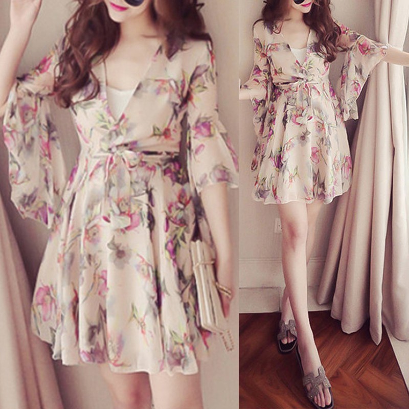 Dress Model Slim Lengan Flare A-Line Gaya Korea Bahan Sifon untuk Wanita / Pesta / Musim Panas