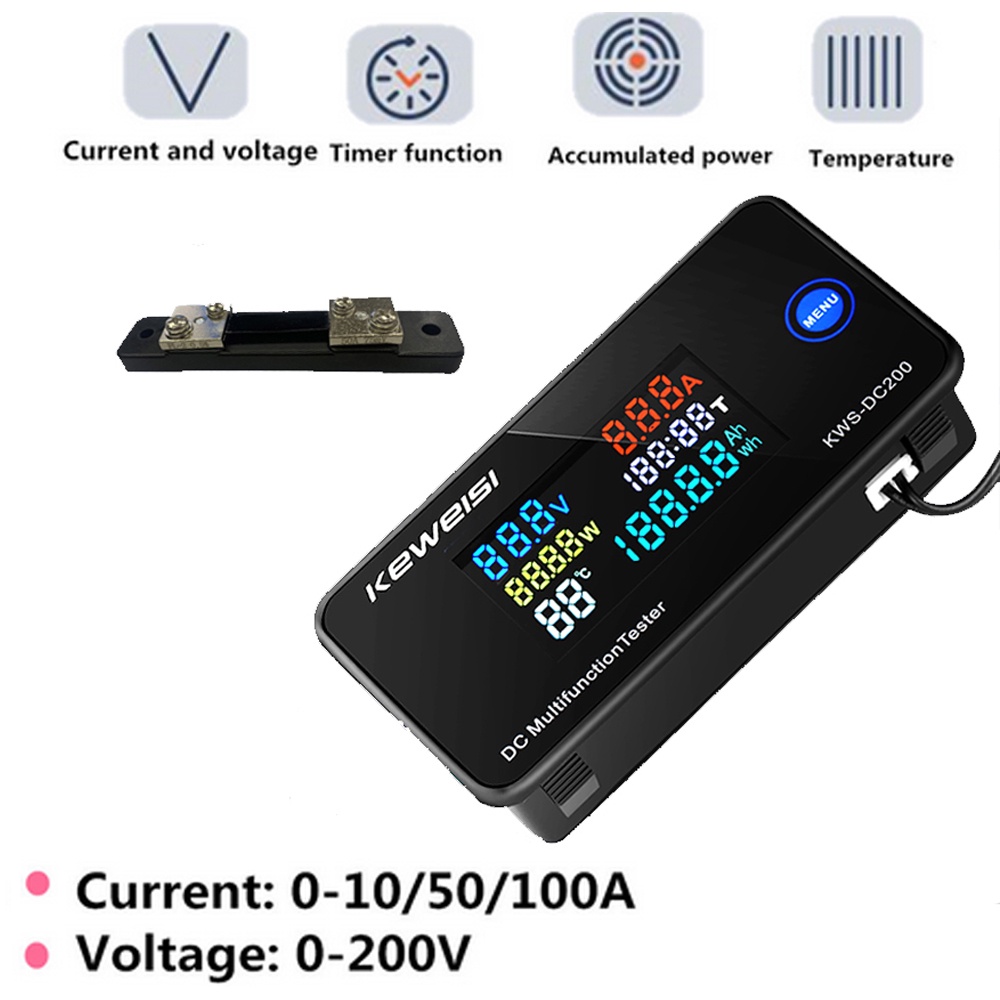 KWS-DC200 DC 0-200V 10/50/100A LED Voltage Current Temperature Digital Meter Built-in Shunt
