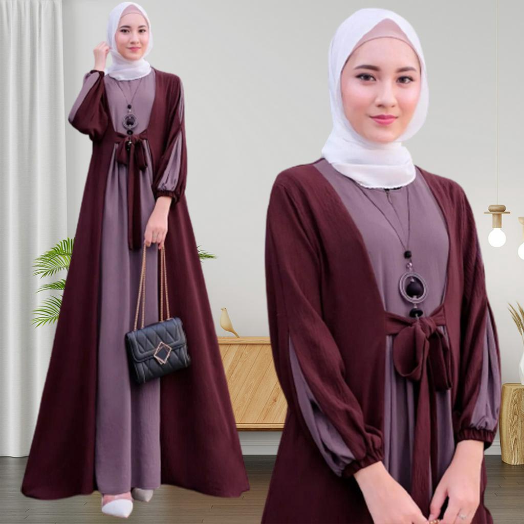 Baju Gamis Wanita IAJ001 Bahan Crinkle Airflow Tangan Panjang Dress