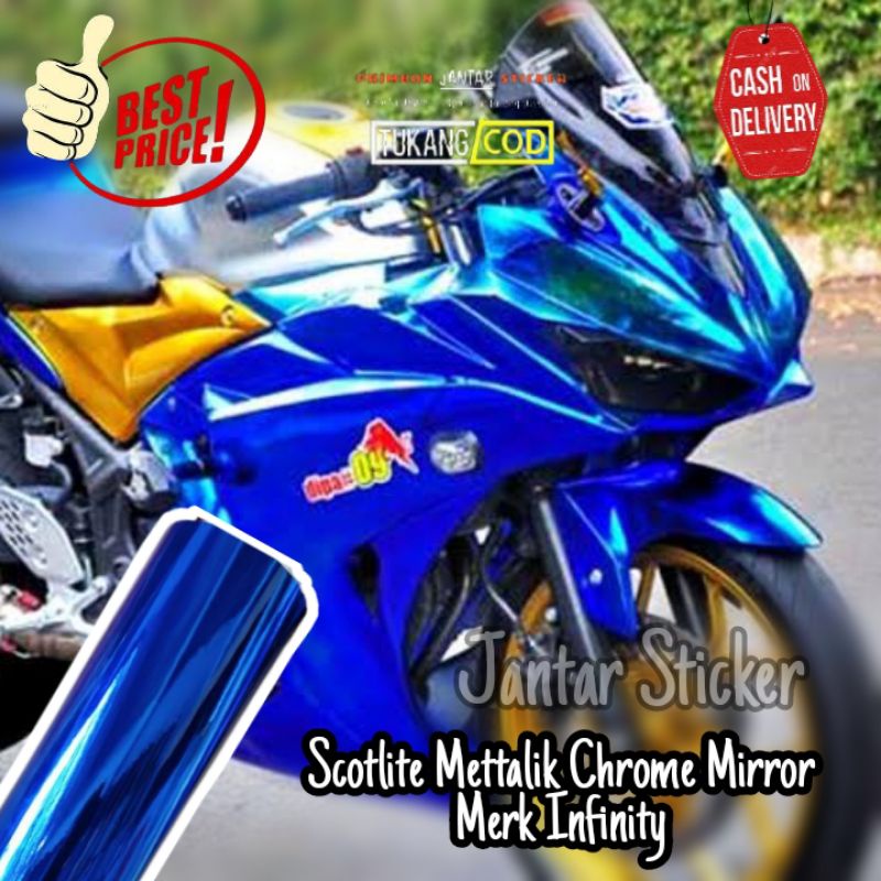 SKOTLET MOTOR METALIK KROM BIRU MIRROR STIKER SKOTLET METT CHROM MIRROR SEMUA WARNA MERK INFINITY