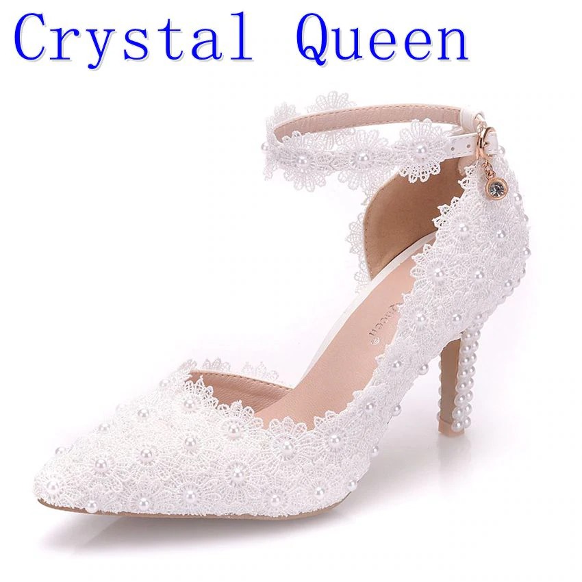 Import Crystal Queen White Lace Flower Wedding Shoes Slip On