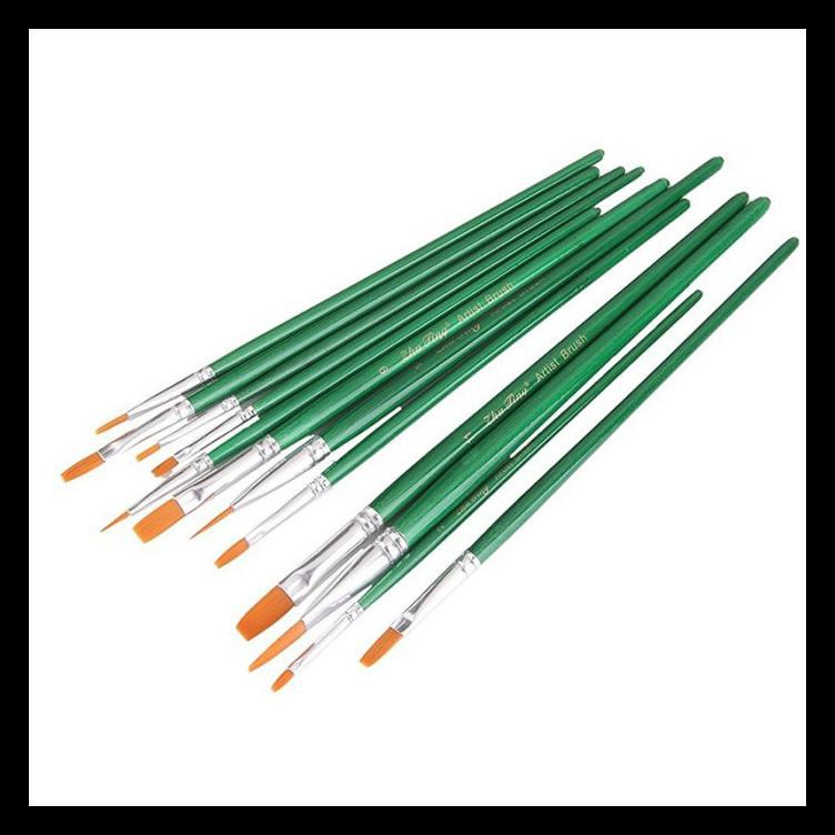 

New Produk 12Pcs / Set Brush Datar Ukuran Campur Warna Hijau Untuk Melukis