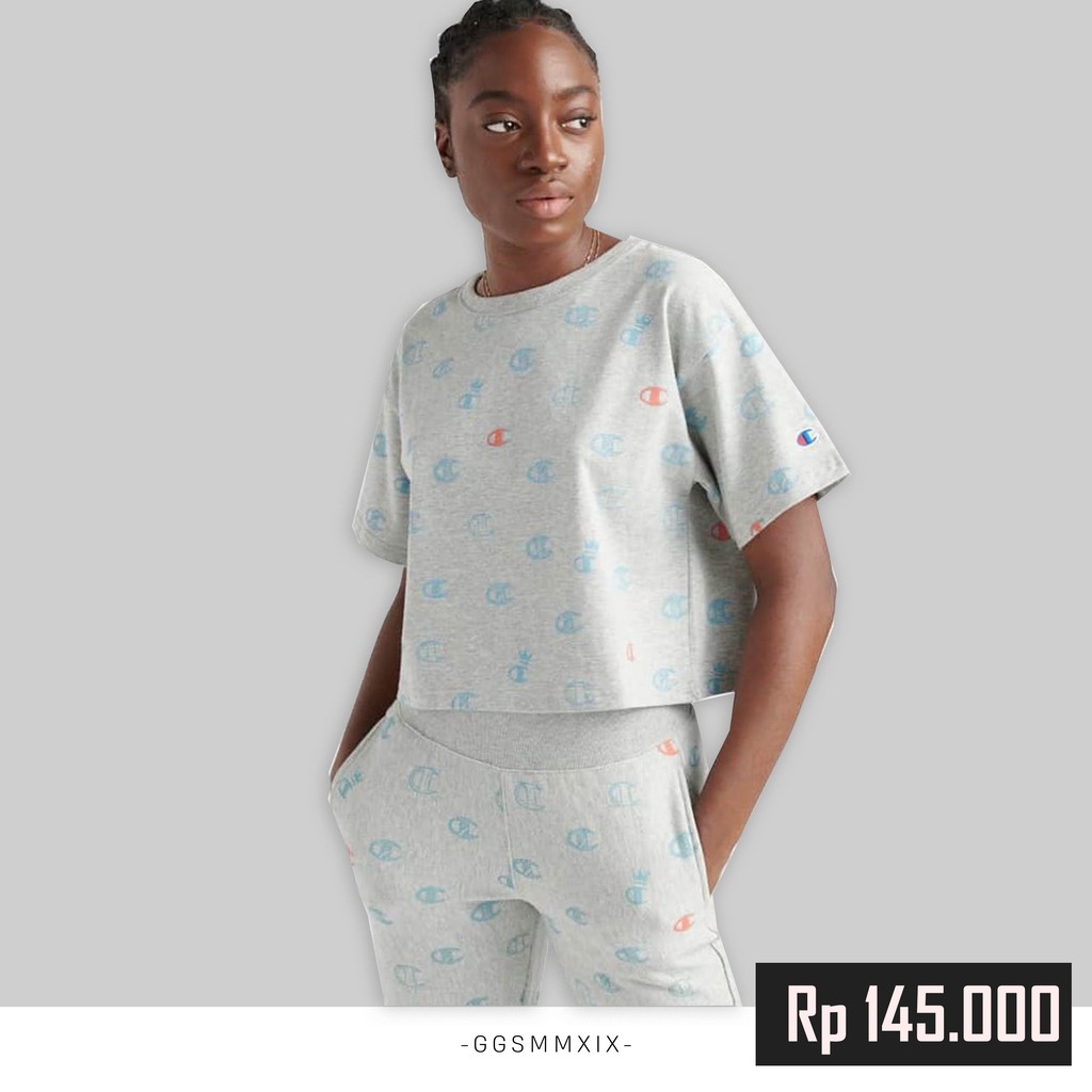 Tshirt Crop Champion Original All Over Script Logo | Kaos Crop Wanita Original Branded |Champion Ori