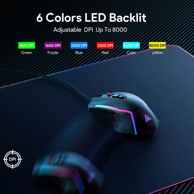 EKSA EM100 RGB Gaming Mouse Gamer USB Wired Gaming Mice 8000 DPI with 6 Color Backlight 7 Programmable Buttons for PC laptop