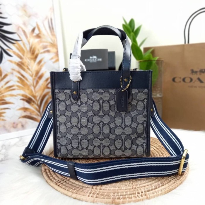Terlaris [ORIGINAL] COACH Field Tote 22 In Signature Jacquard Tas Coach Bag - Navy