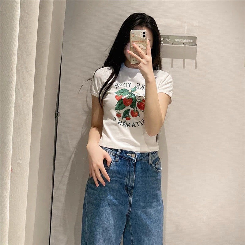 kaos wanita atasan katun crop top gaya jepang kaus lengan pendek gaya garam