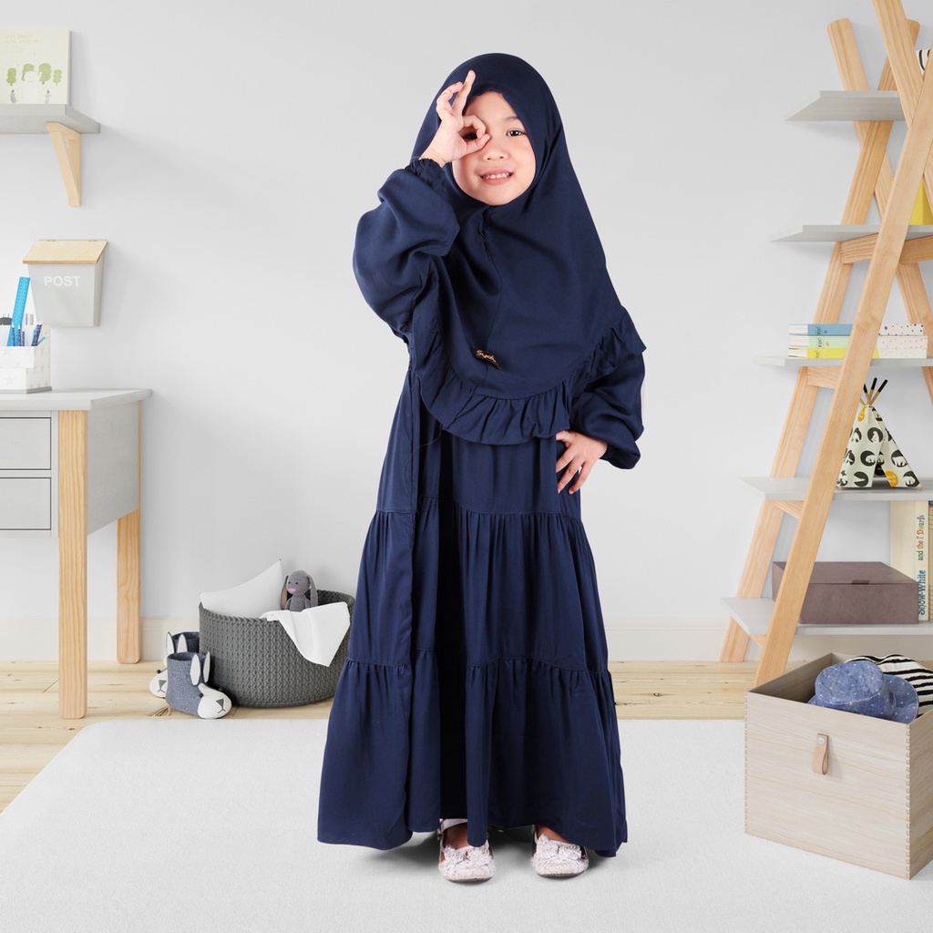 Set Gamis Rayya Ruffle Anak Usia 1 2 Tahun Bahan Premium Polos Navy