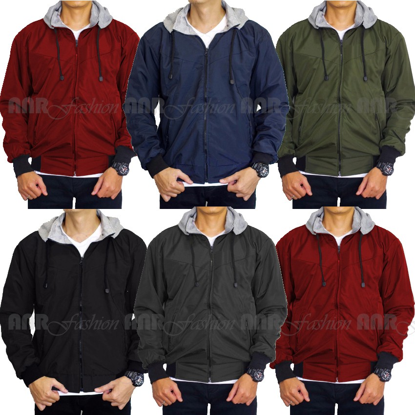 Jaket Bolak Balik 2in1 Bomber Parasut Fleece Hoodie Pria - Hitam/BiruNavy/MerahMaroon/HijauArmy/Abu