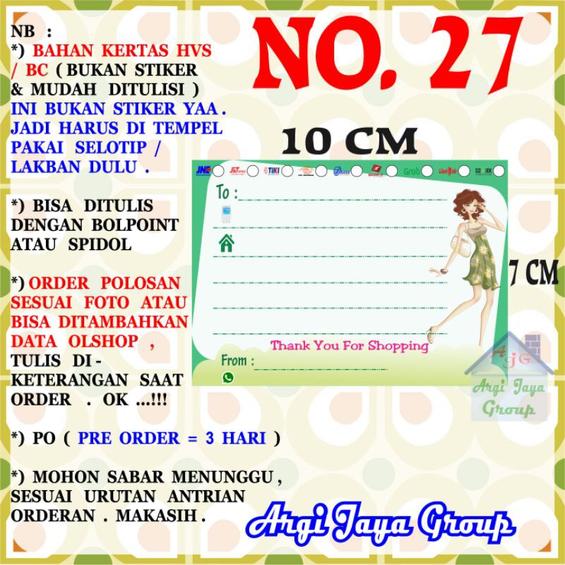 

Label Pengiriman Alamat Olshop Murah Nomer 27 - 10x7cm - Kertas BC (Manila)