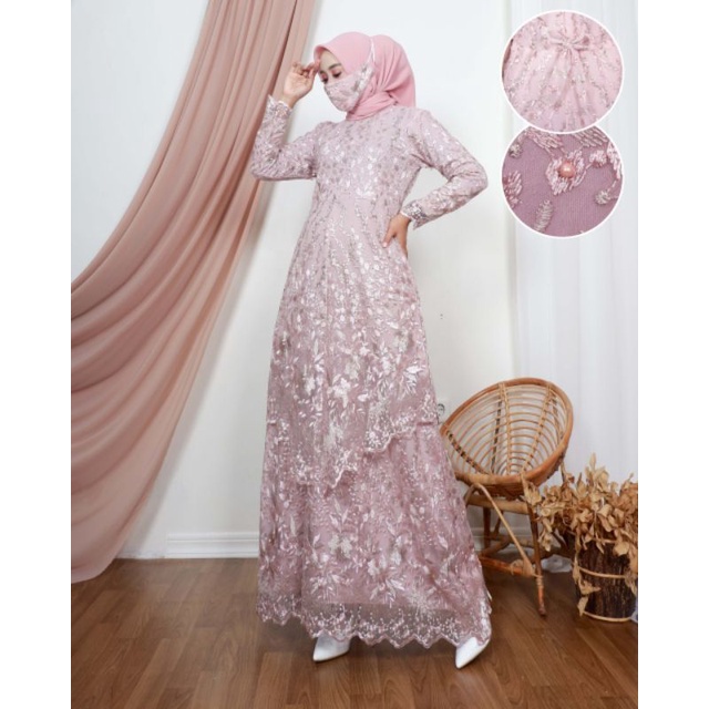 Permata Olshop / Gamis Tingkat Runcing Claudia2 NK / Kebaya Gamis Modern Tulle Terbaru / Gamis Pesta Mewah / Kebaya Gamis Seragam Nikah