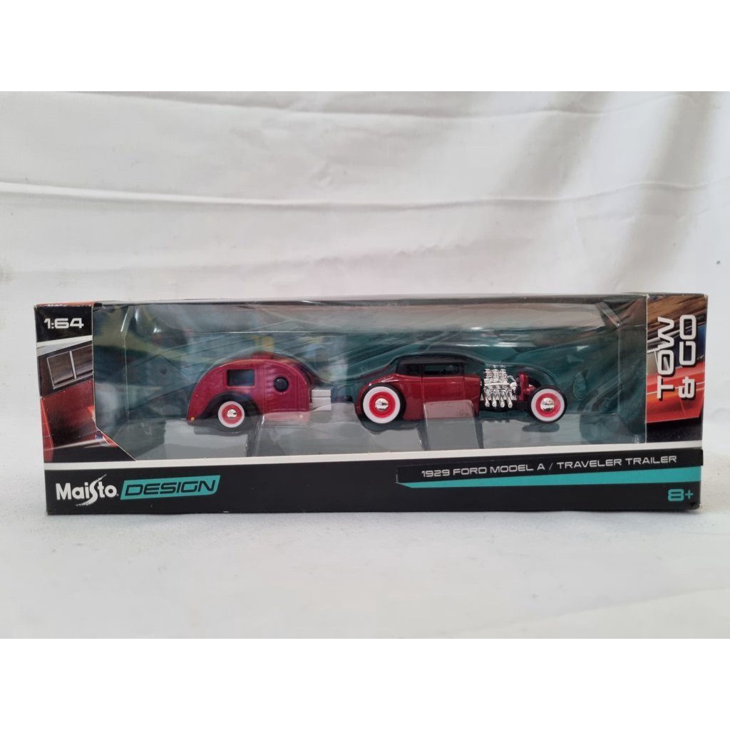 Diecast mobil 1929 Ford Model A dan TravelerTrailer Maisto 1:64 Tow & Go