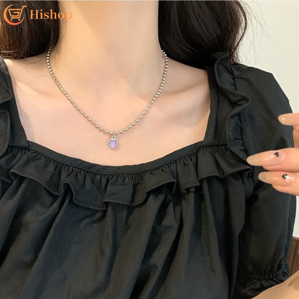 Kalung Rantai Choker Liontin Manik-Manik Hati Warna Silver Untuk Wanita