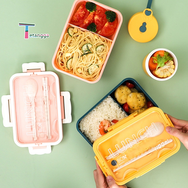 Lunch Box Set Kotak Bekal Makan Siang Bahan Jerami Pegangan Melengkung + Sendok Dan Sumpit memiliki