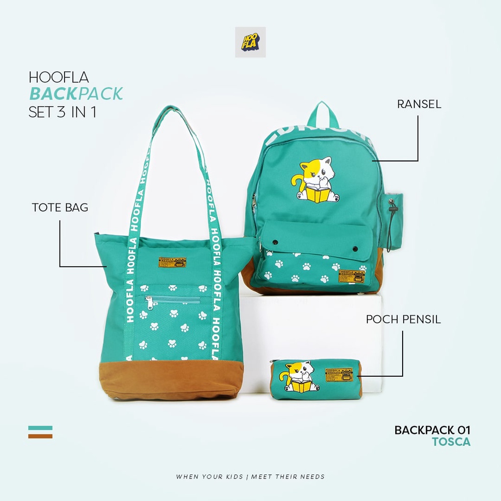 Hooflakids Tas Sekolah Anak Perempuan Laki Laki Backpack Set 3 in 1 Dapat Ransel Pouch dan Tote Bag