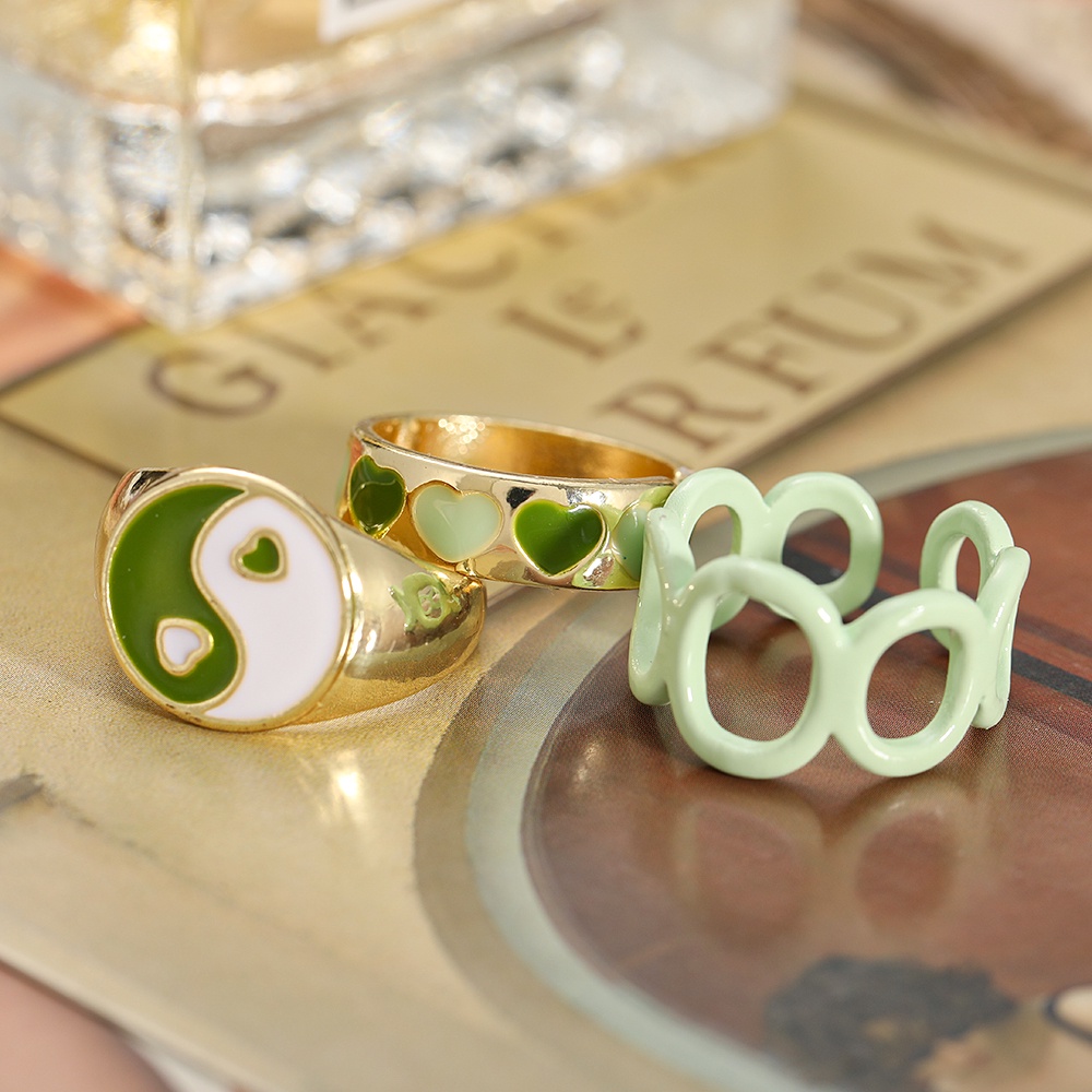 3 pcs set Cincin Tai Chi Hijau Ins Fashion untuk Wanita Fashion Perhiasan Aksesoris