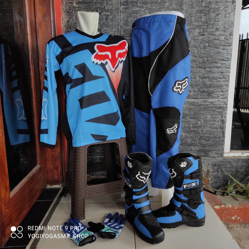 promo satu set tanpa jersy sepatu cross trail celana sepatu sett dan glove print terlaris biru hitam