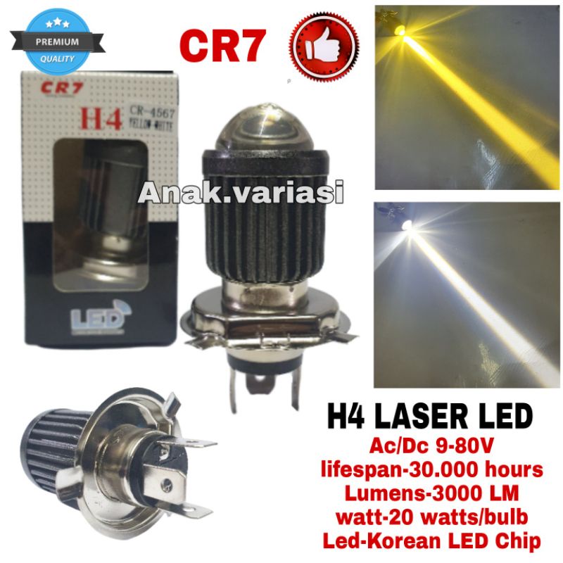 BOHLAM DEPAN MOTOR H4 LASER LED KUNING PUTIH/LAMPU UTAMA MOTOR/LAMPU UTAMA LED LASER CR7 9-80V 20W/L