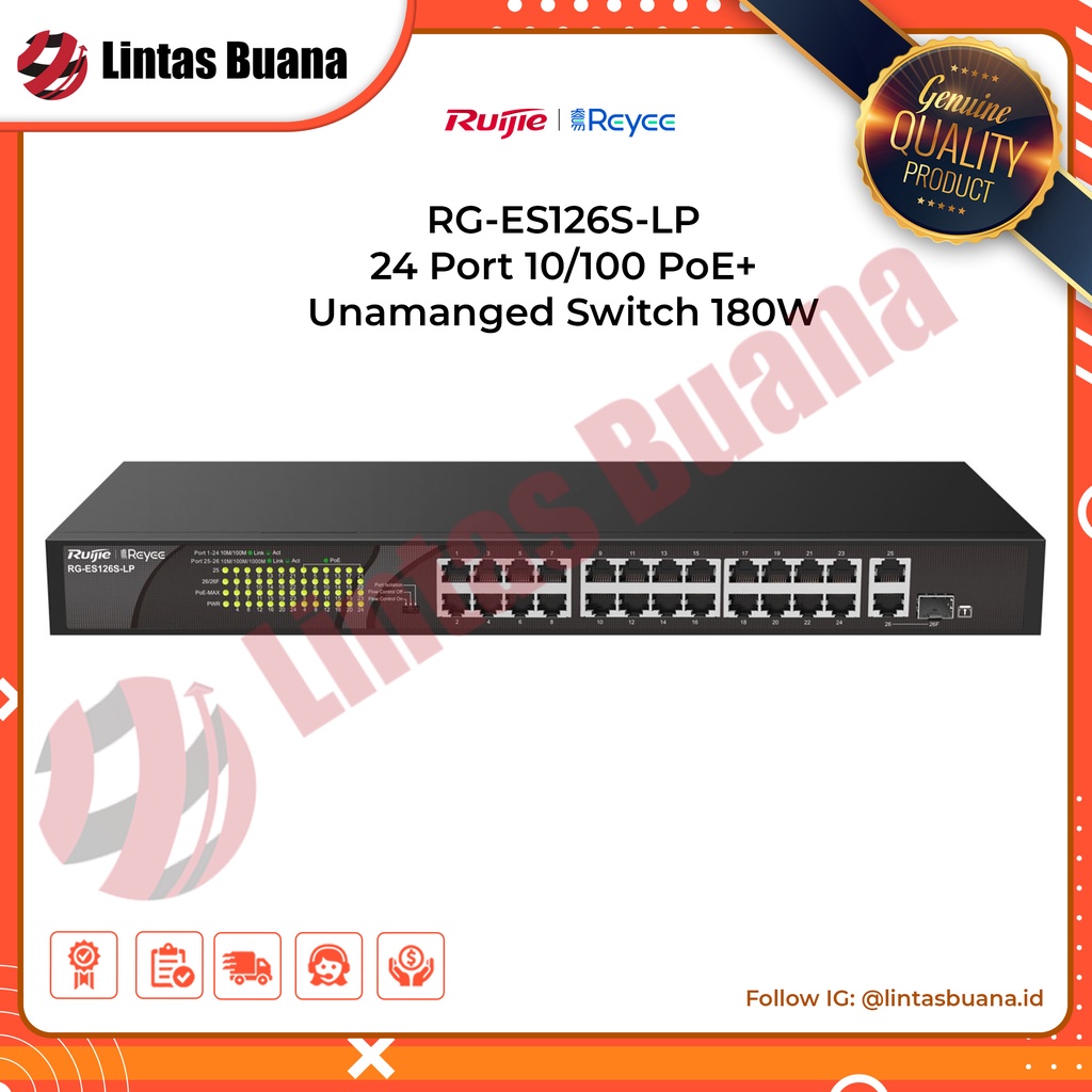 RUIJIE RG-ES126S-LP 24 Port 10/100 Unmanaged PoE+ Switch with 180W