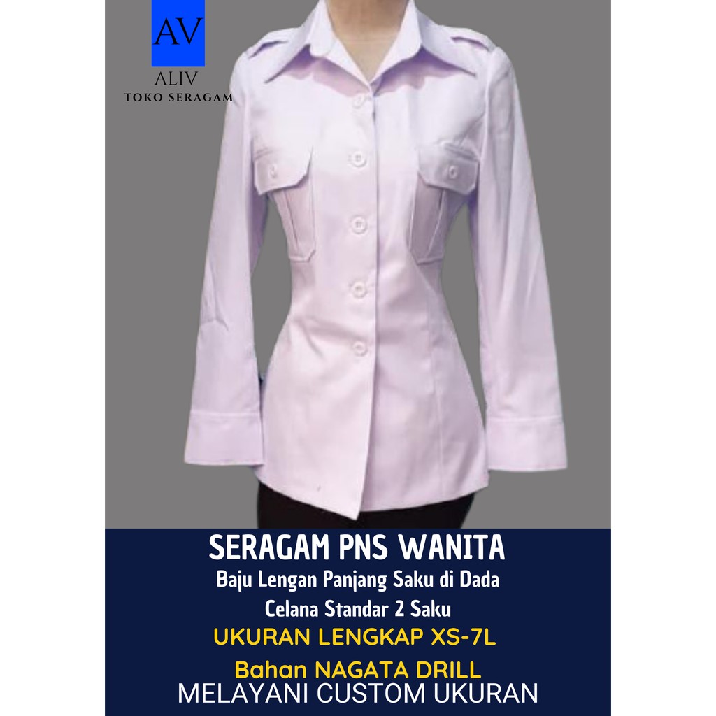 Setelan Seragam PNS PDH pemda Hitam Putih Wanita Lengan Panjang Nagata Drill XS-7L