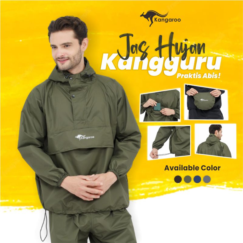 KANGAROO RAINCOAT Jas Hujan Kangguru Anti Bocor Jas Hujan Tebal Saku Kangguru Pria Wanita Dewasa Anti Air Bahan Taslan Import Original Setelan Jaket Jas kanguru Mantel Kangaro