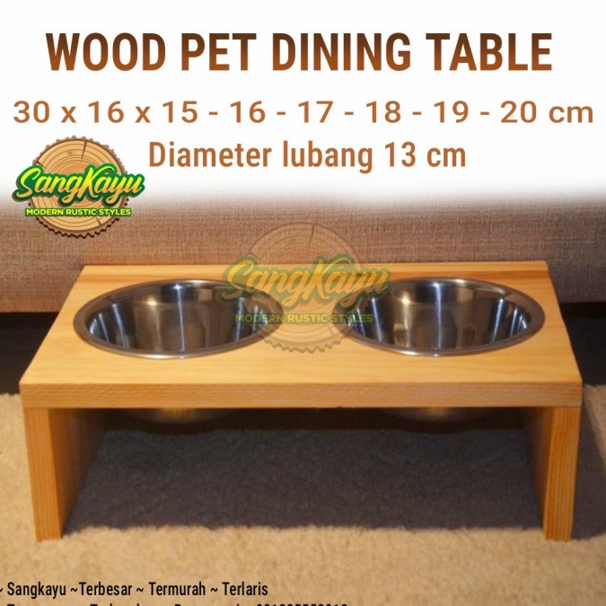 Wood Pet Dining Table Double Bowl rack, tempat makanan hewan kucing