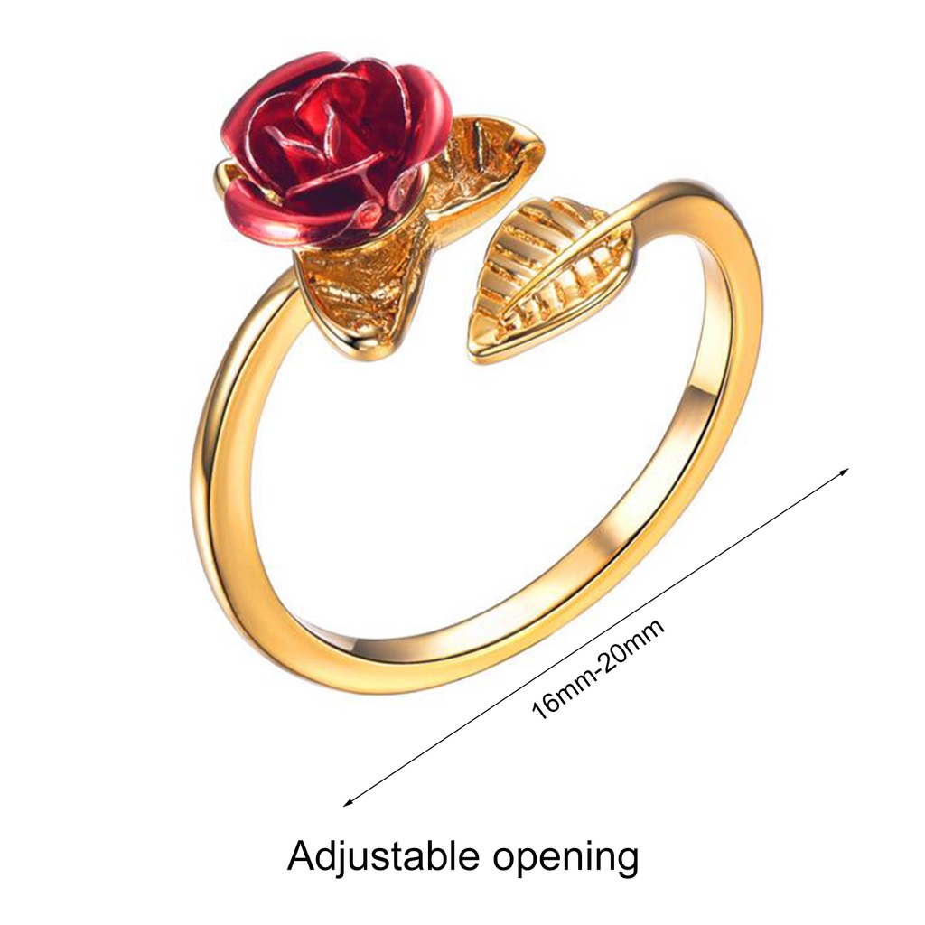 Hu Hu Hu Hu Hu Alat Bantu Pasang Kacamata♡ Cincin Wanita Model Terbuka Adjustable Desain Bunga Mawar Merah + Daun Untuk Valentine