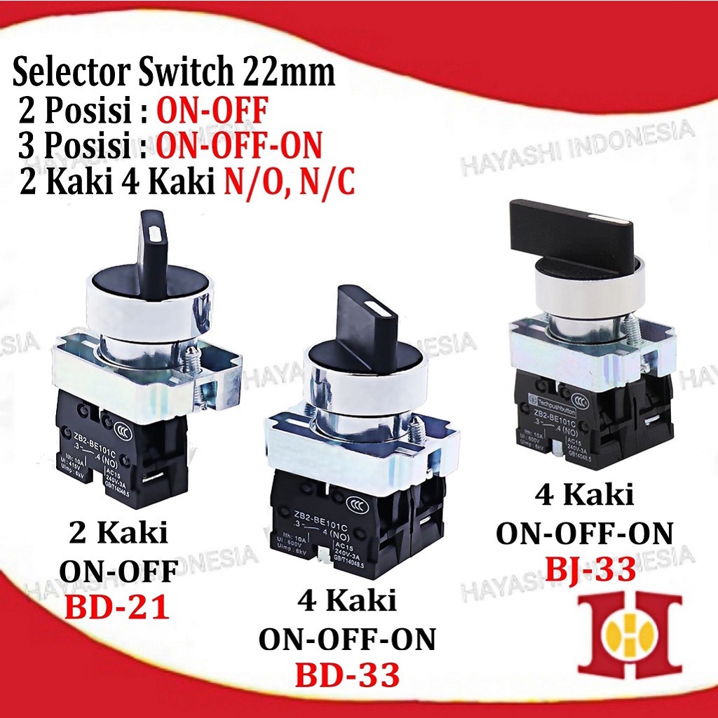 Selector Switch 22mm 2 3 posisi 1 2 NO NC 2 4 Kaki On Off On