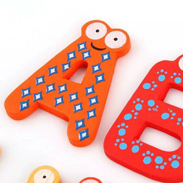 Alphabet huruf magnet kulkas, alphabet kayu magnet, tempelan kulkas