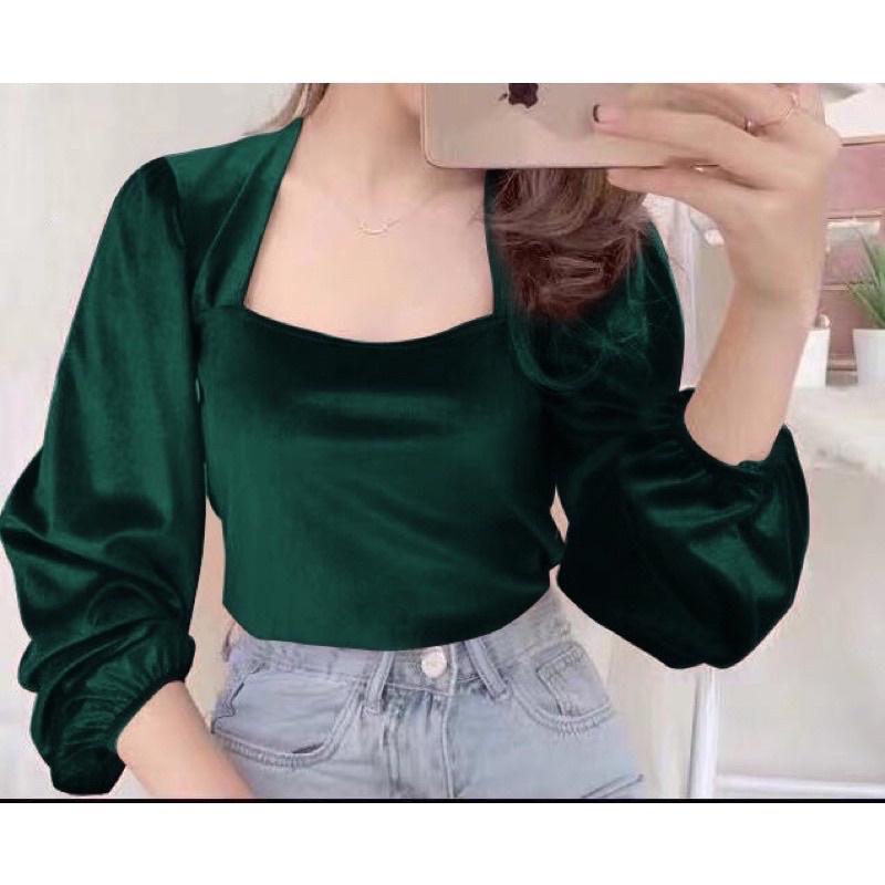 H7 B6/15 Atasan Korean Velvet Top Square neck / Blouse Lengan Panjang leher kotak B6/1603