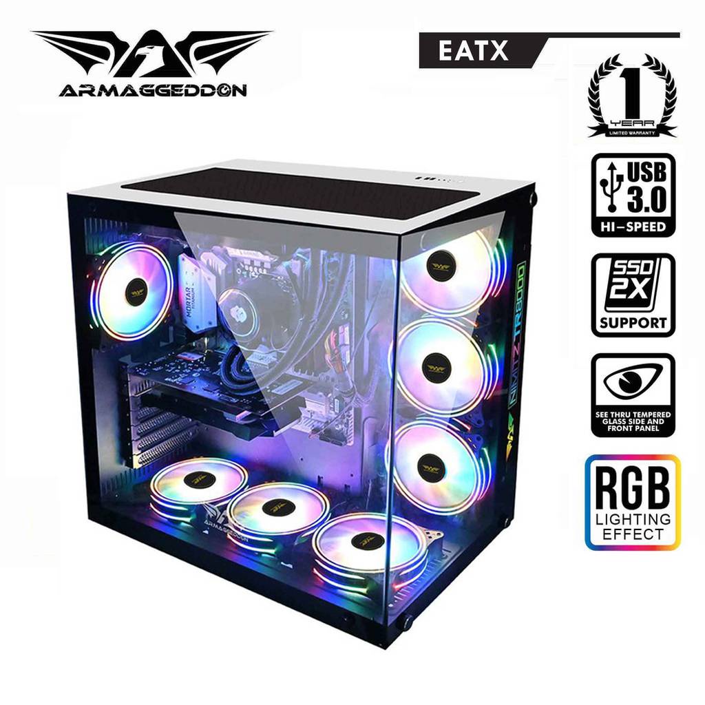 Casing Gaming PC Armaggeddon Nimitz TR8000 Extended See-Thru Side Panel E ATX Gaming CPU White And Black Warna Hitam Dan Putih Series