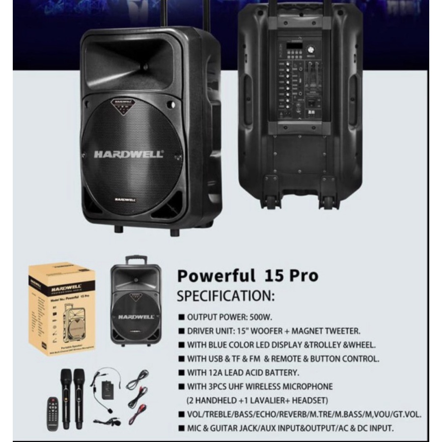 SPEAKER PORTABLE HARDWELL POWERFULL 15PRO BONUS STAND SPEAKER