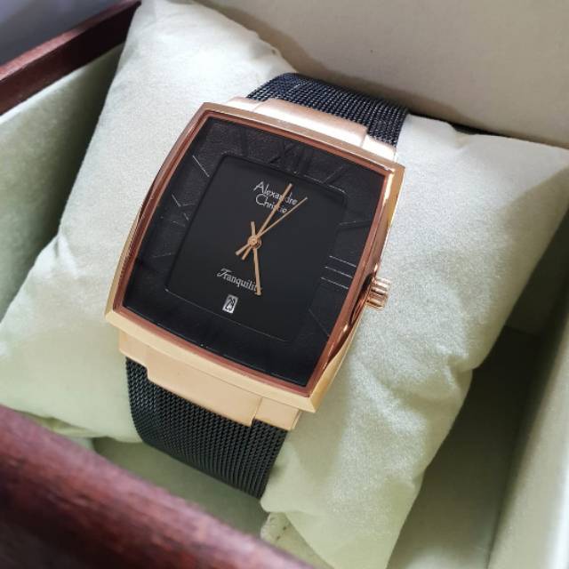Alexandre christie ac8329 rantai pasir hitam rosegold jamtangan pria