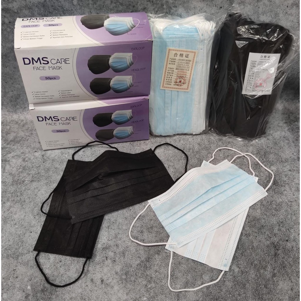 DMS CARE - MASKER 3PLY EARLOOP DMS DISPOSABLE MASK - BIRU HITAM ISI 50 PC