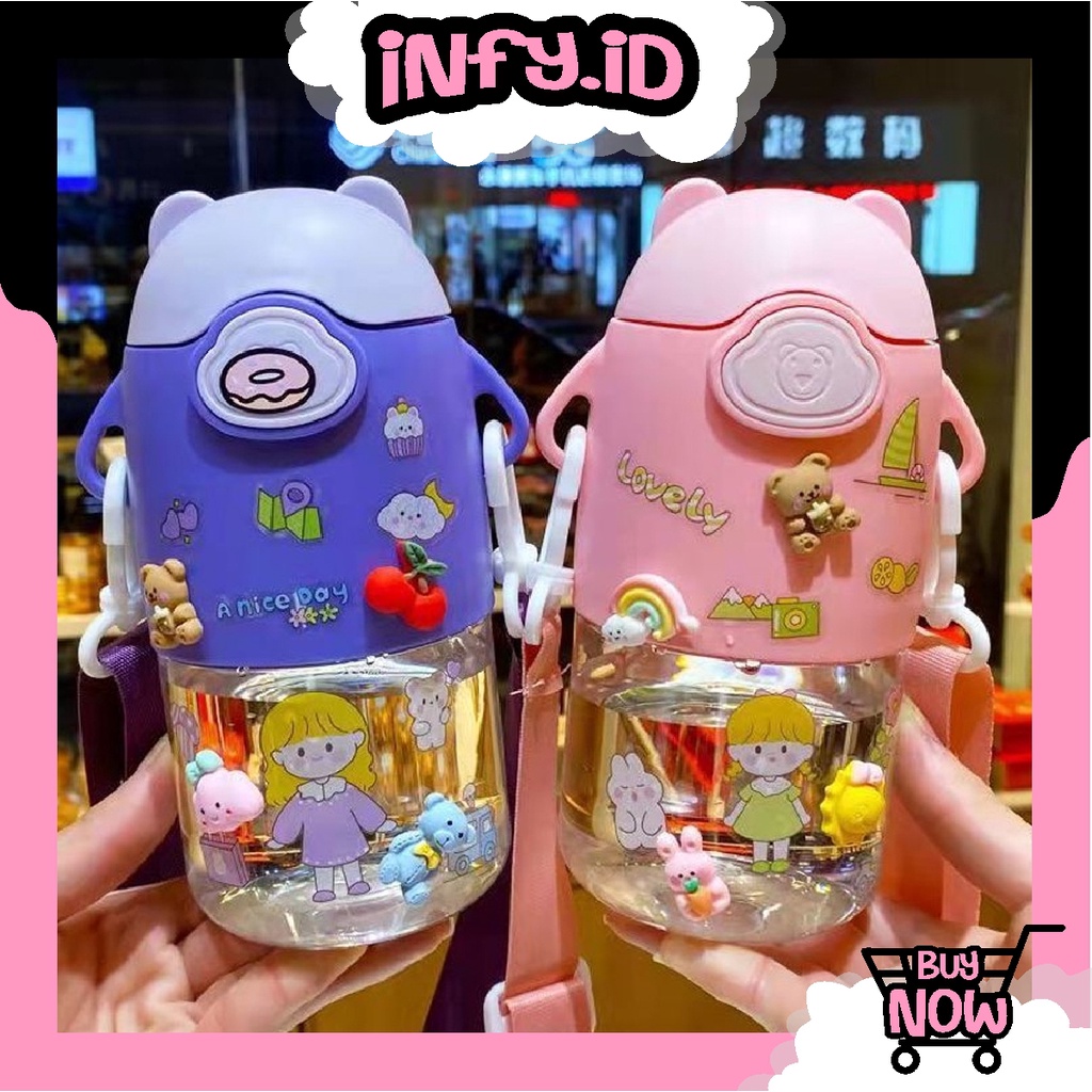 INFY - Botol Minum Anak Air 600ml Botol Minum Anak Lucu Motif Karakter Beruang Imut dengan Sedotan R746