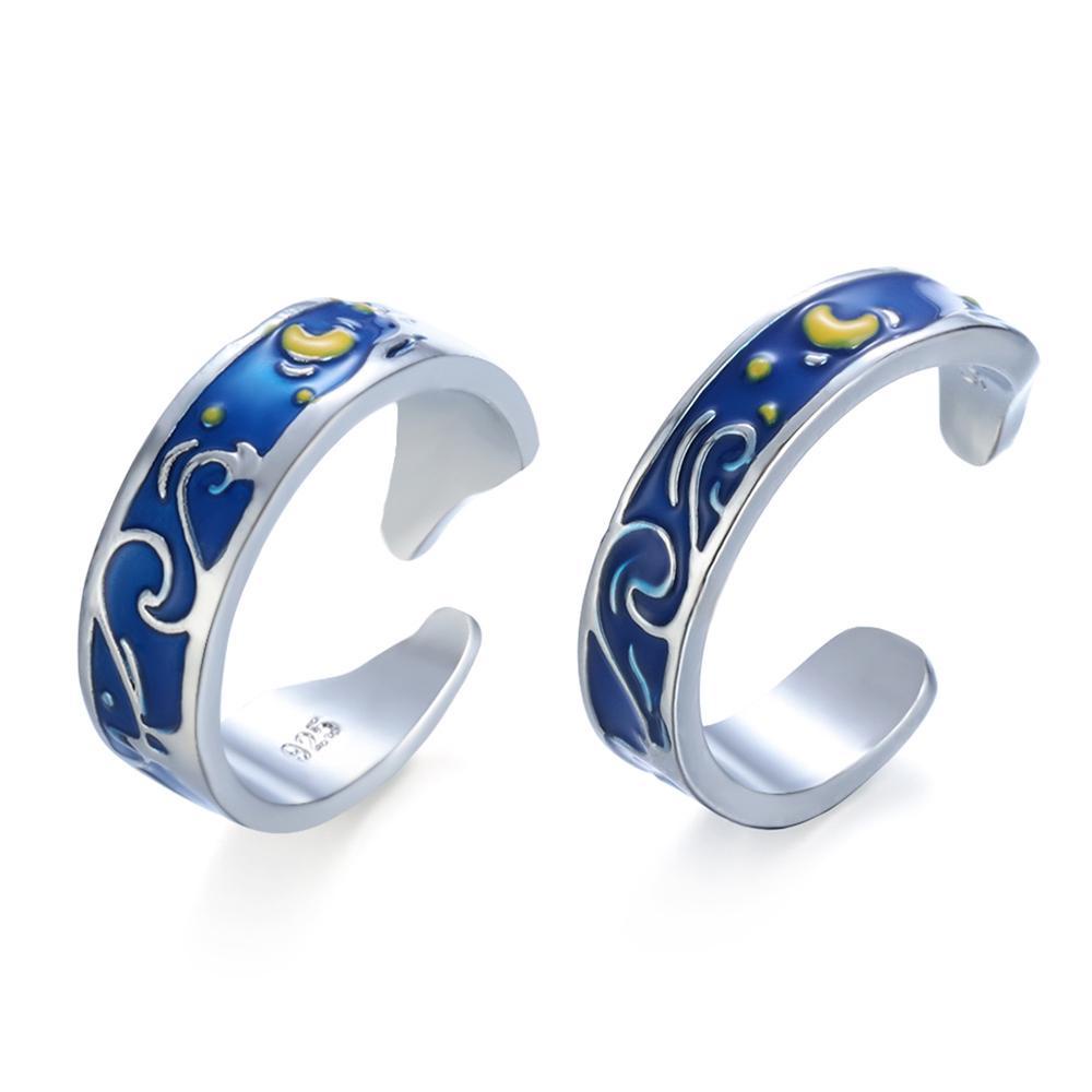 PREVA Couple Rings Valentine's Day Present Jewelry Blue Silver Plate Weddings Romantic Starry Sky