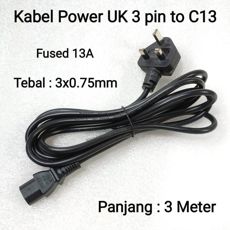 Kabel Power CPU Komputer 3 Mtr UK Kaki 3 pin to C13 Fuse 13A 3x0.75mm