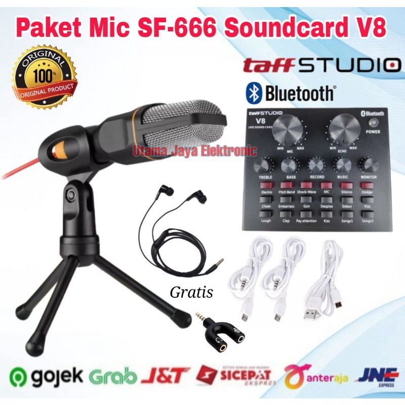 Paket Microphone SF666 Soundcard V8 Bluetooth Free Jack 3.5mm Headset