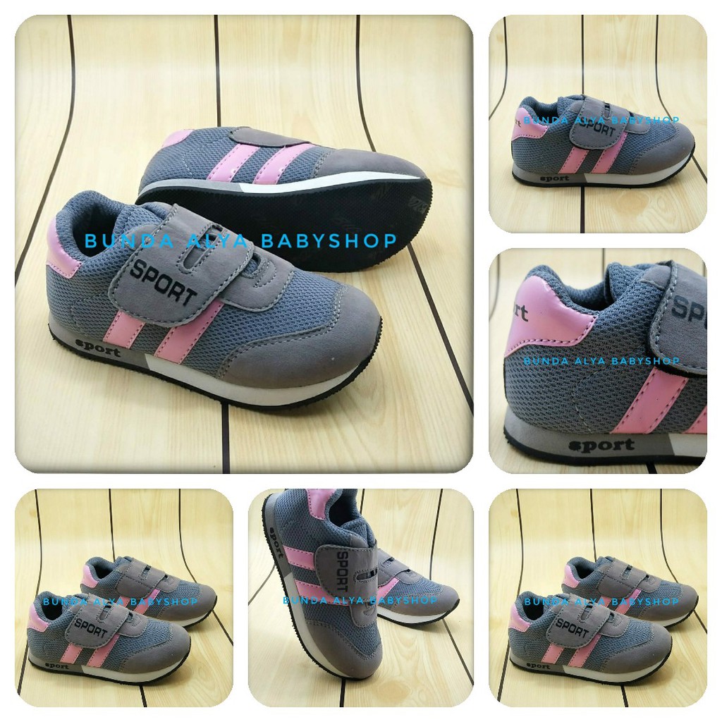 Sepatu Anak Perempuan Sport Usia 2 3 4 Tahun ABU PINK - Sepatu Anak Cewek Size 24 - 27 Alas Karet Anti Licin