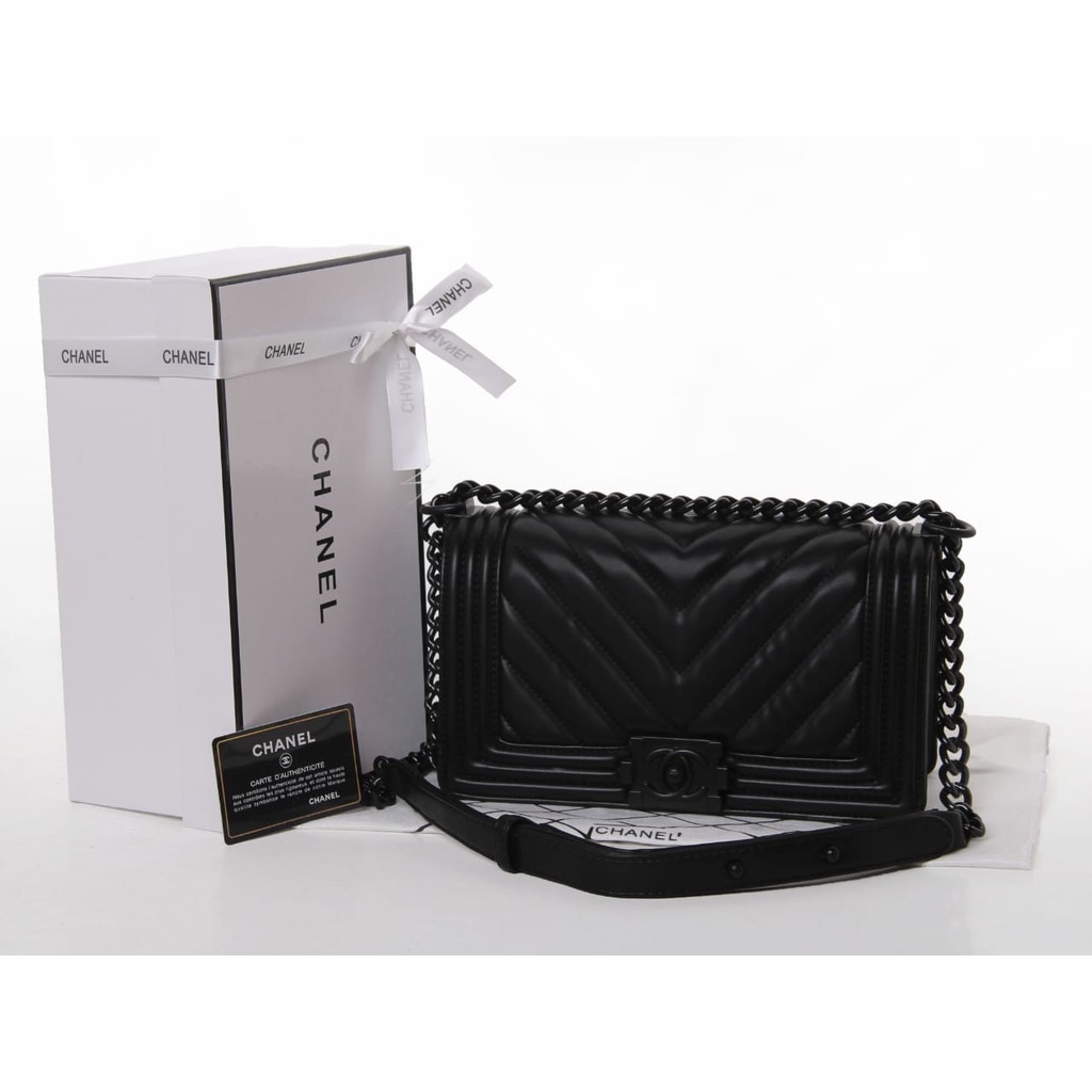 supplier tas branded Tas Chanel Boy So Black Chevron Lambskin Medium HITAM Semprem Box 9006V