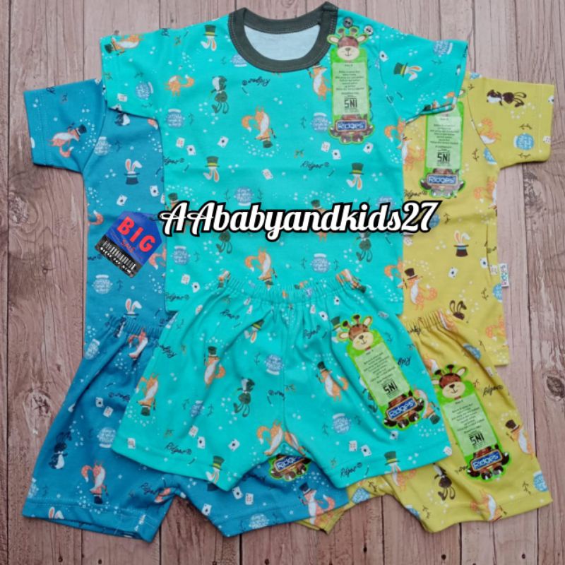 3Pasang Setelan Ridges Lengan Pendek Kancing Bahu FullPrint Dino Parasut Ukuran S M L XL SNI