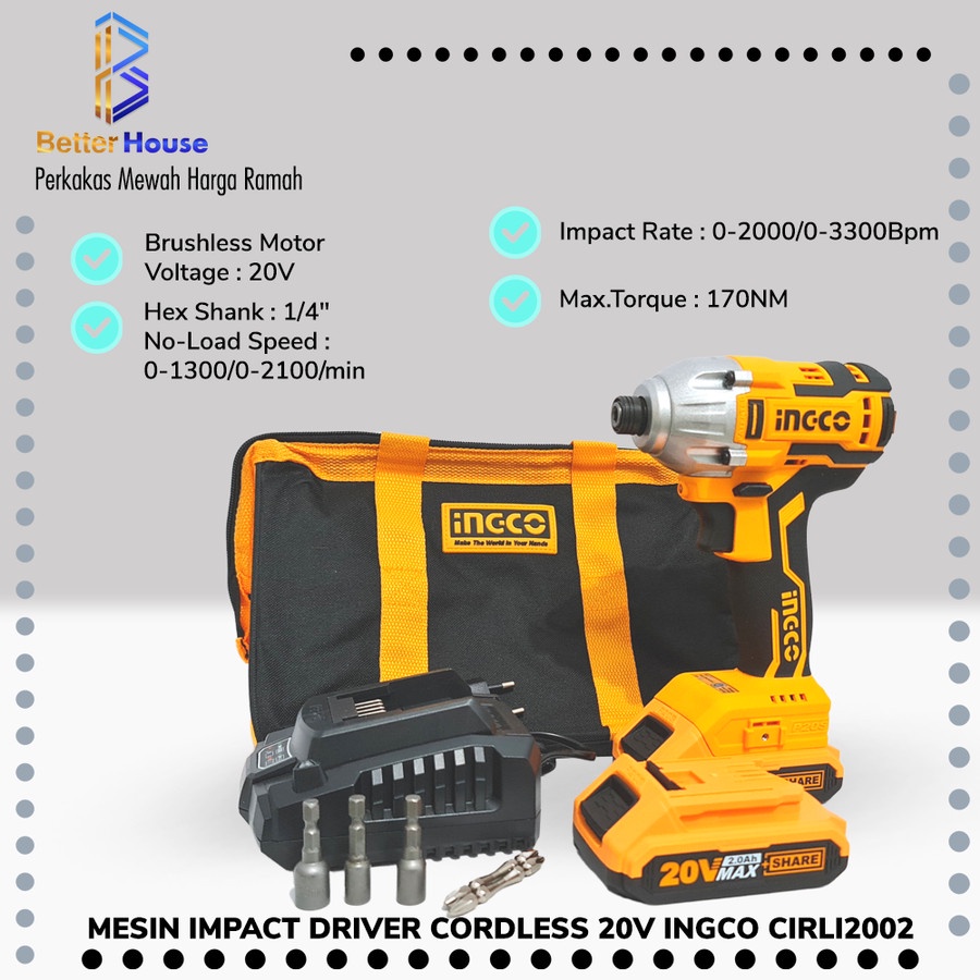 Mesin Impact Driver Screwdriver Cordless 20Volt INGCO CIRLI2002