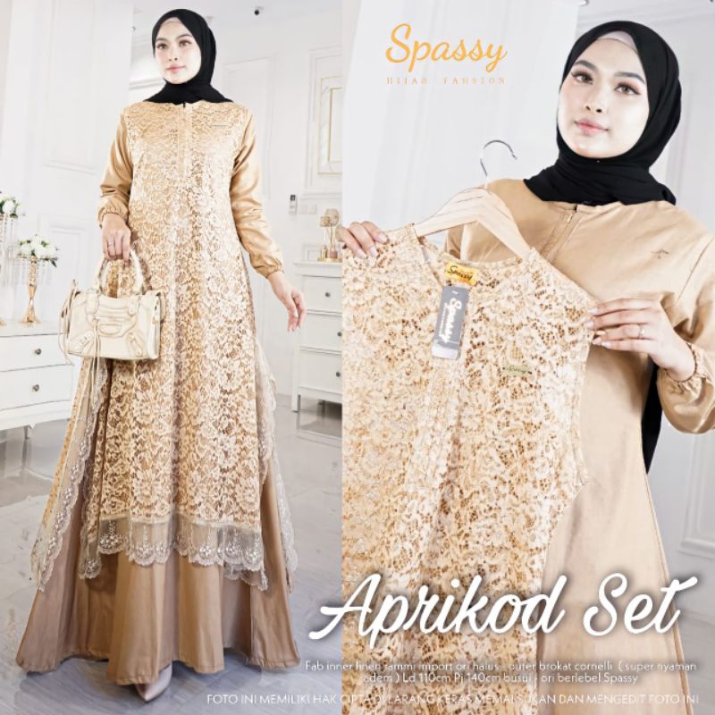 APRIKOD SET DRESS Original By SPASSY HIJAB Ld 110 Pb 140 Busui Gamis Outer Wanita Katun Rammi Halus 