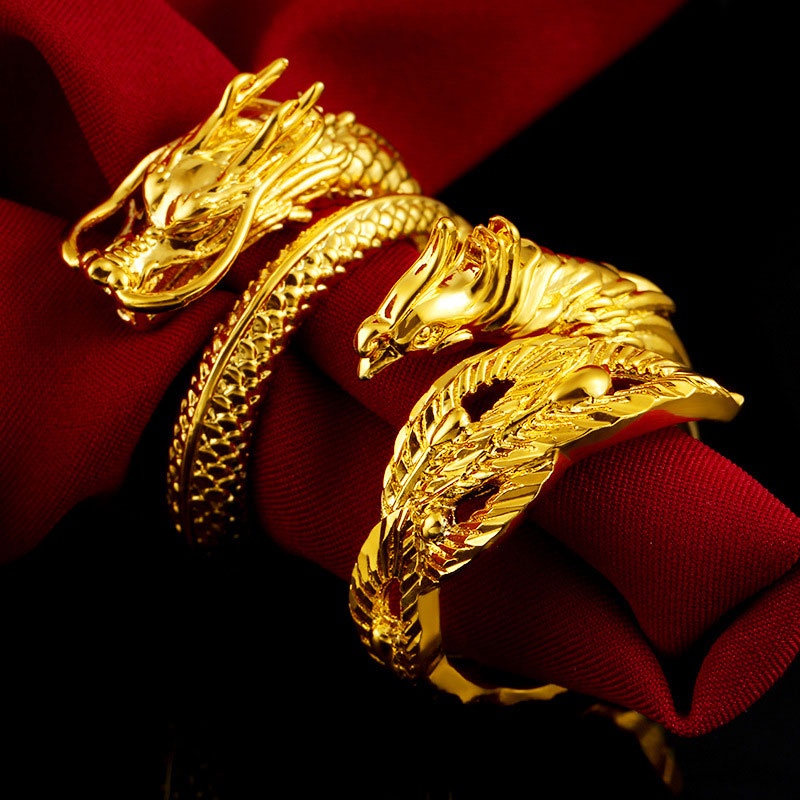 Fashion Golden Phoenix Dragon Cincin Pasangan Pria Wanita Perhiasan Baja Titanium Pernikahan Terbuka Cincin Ukuran Dapat Disesuaikan