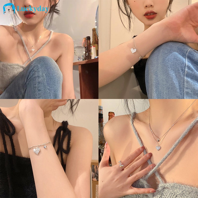 YEEZII Kalung Rantai Liontin Hati Ganda Aksen Kristal Warna Silver Untuk Aksesoris Perhiasan