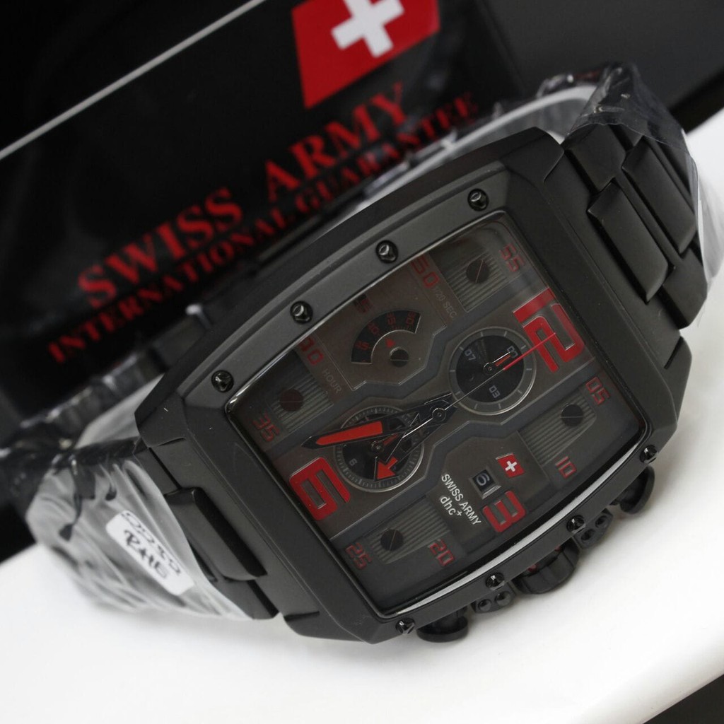 JAM TANGAN PRIA SWISS ARMY RANTAI 2252 ORIGINAL BLACK ANGKA RED
