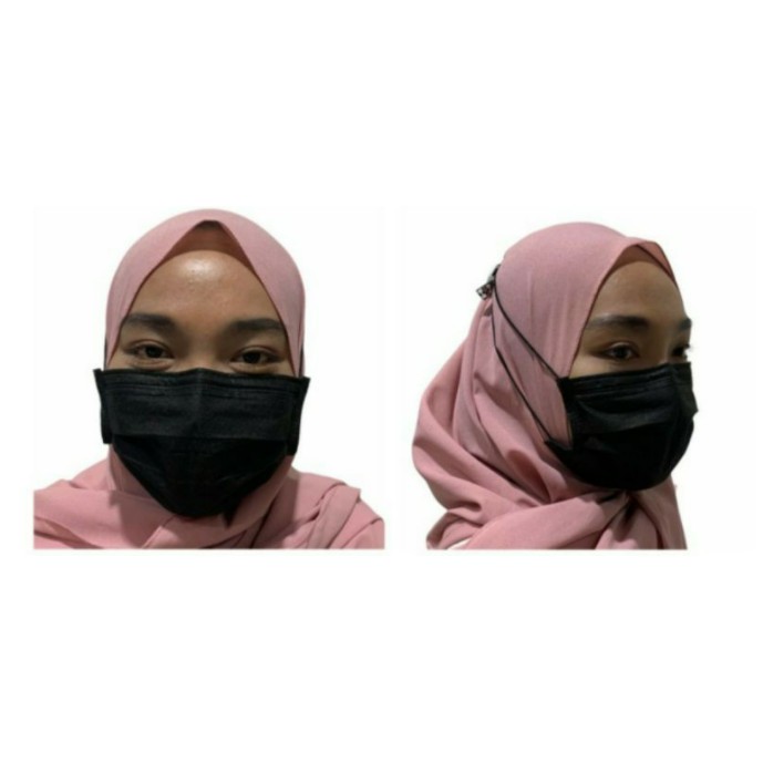 Masker Hijab 3 ply Headloop Premium All Black/ 3 ply masker Hijab Black/ MASKER HIJAB HITAM SURGICAL